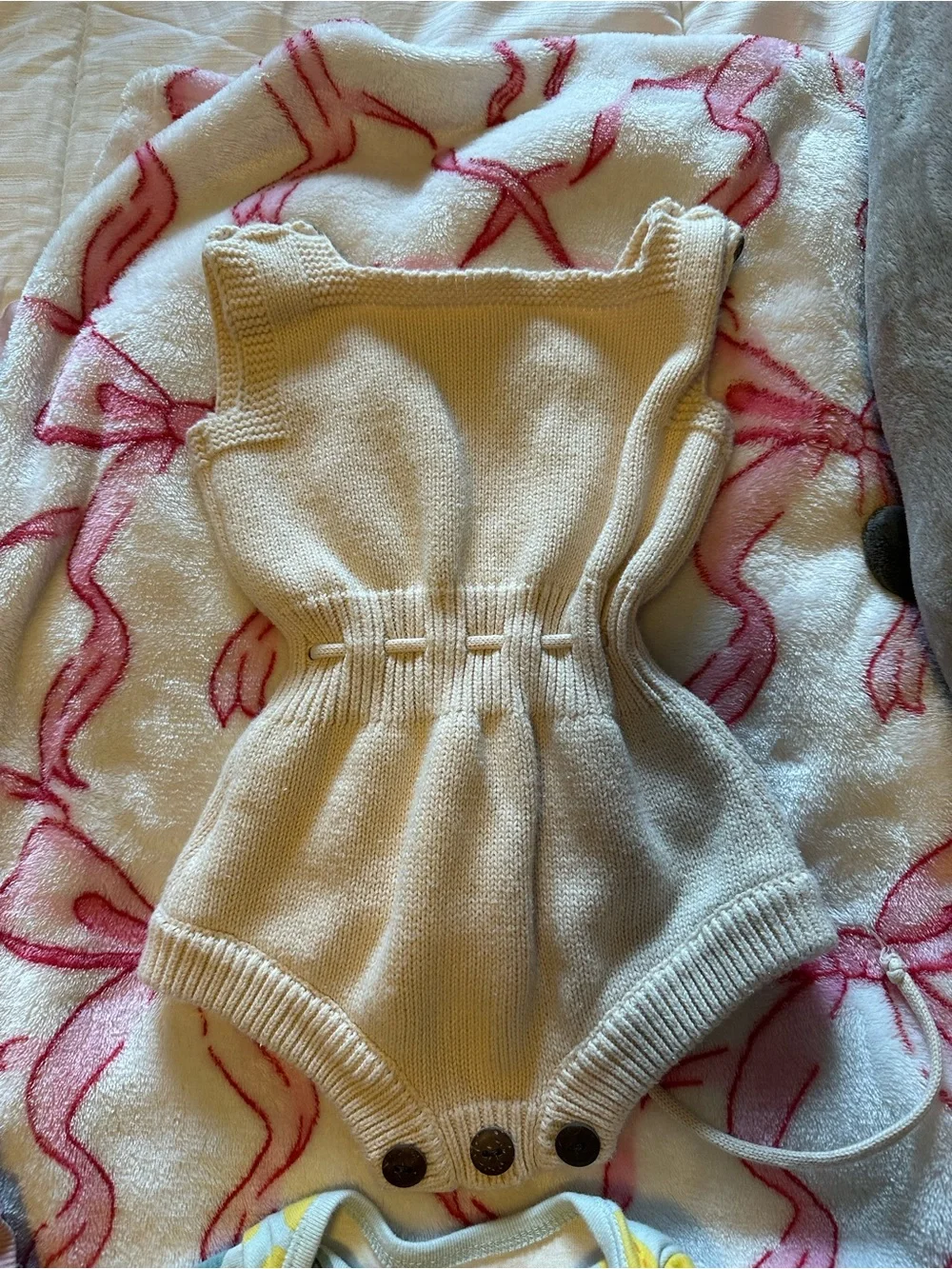 Kids Cream Knit One-Piece Romper with Pastel Pom Poms